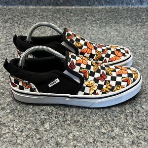 Vans Asher Slip On Skate Shoes Sneakers Butterfly Black Checkered | Youth Size 4